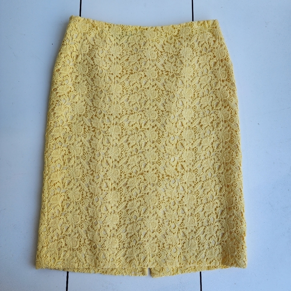 Talbots Womens Crochet Lace Floral Pencil Skirt Yellow Lined Knee Length Sz 6